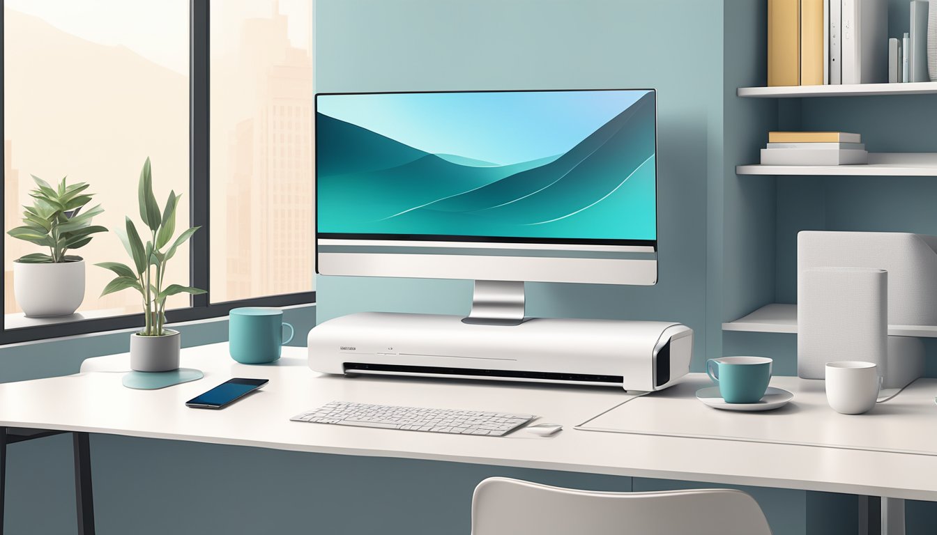 A modem router combo sits on a sleek desk, connected to various devices. The room is bright and modern, with clean lines and minimalist decor