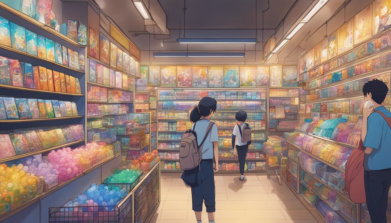 A bustling anime figure store in Singapore with shelves lined with colorful and intricately detailed figurines. Bright lights and vibrant posters adorn the walls, creating a lively and inviting atmosphere