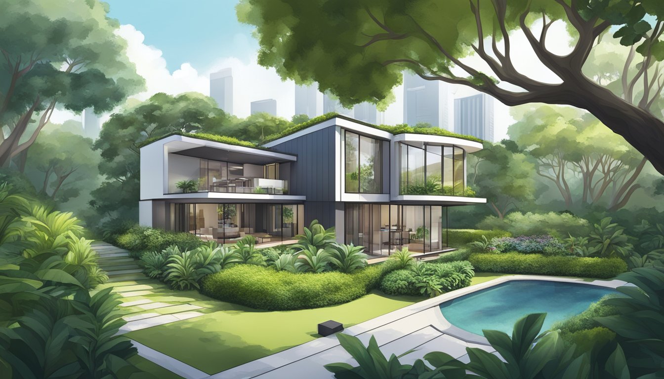 A modern house with a garden in Singapore, surrounded by tall buildings and lush greenery