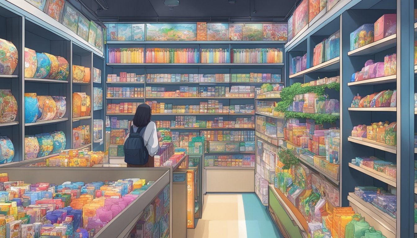 Shelves lined with colorful anime figures, vibrant displays, and excited customers browsing in top anime shops in Singapore
