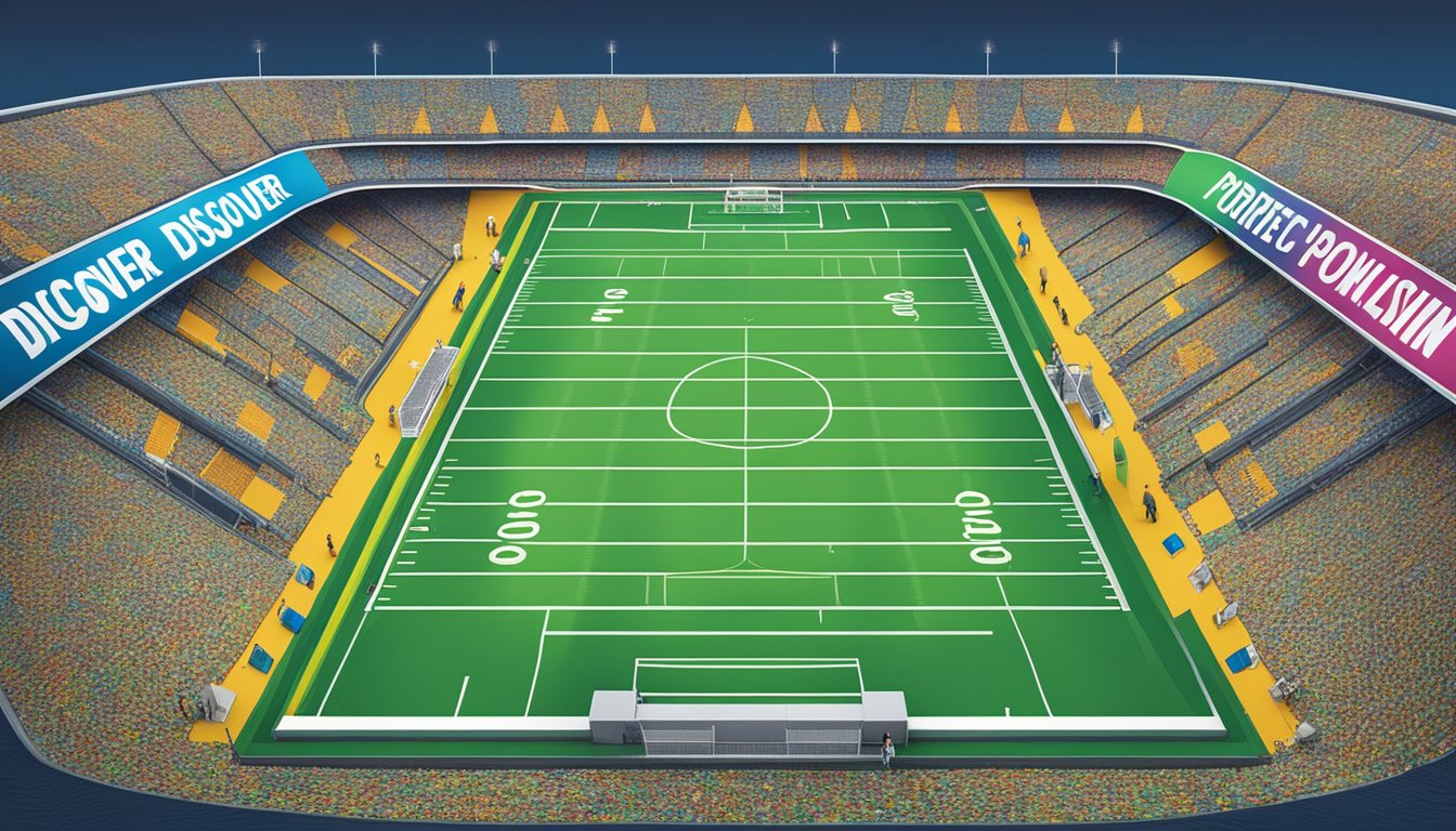 A football field with a variety of colorful and vibrant football skins on display, with the words "Discover Your Perfect Football Skin" prominently featured