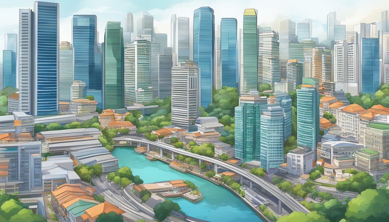A bustling Singapore cityscape with high-rise buildings and vibrant neighborhoods, showcasing the diverse options for renting or buying property in the thriving real estate market