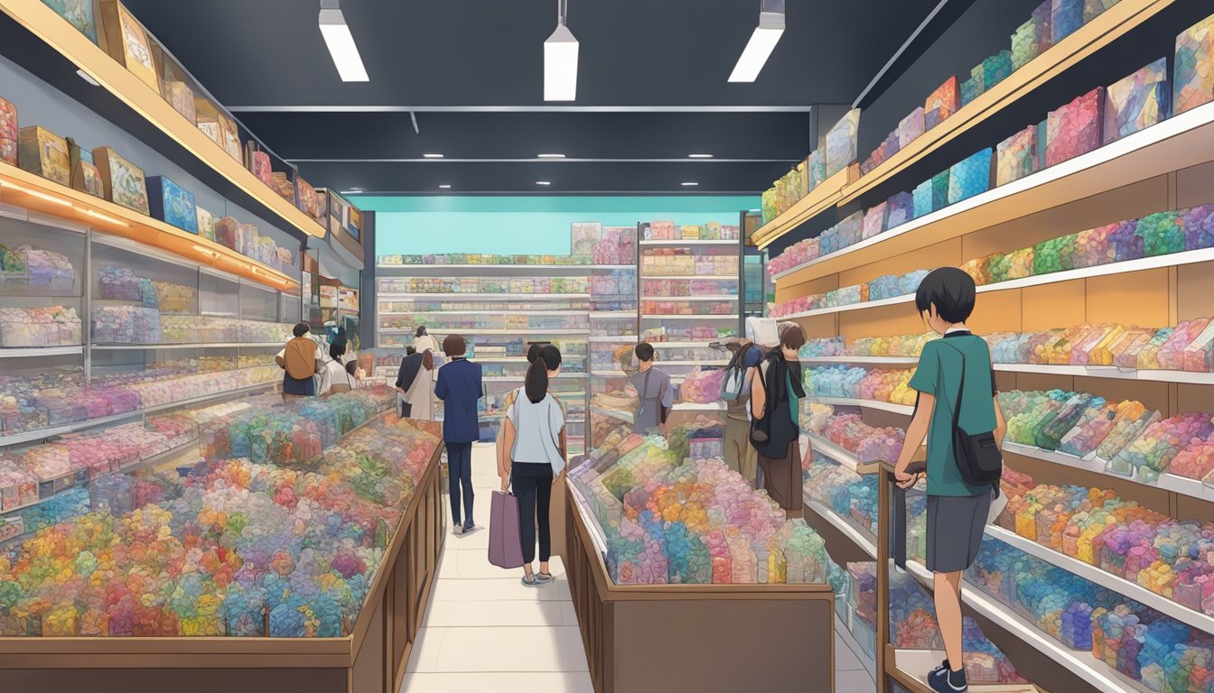 A bustling anime figure store in Singapore, shelves lined with colorful figurines, customers browsing and asking staff for assistance