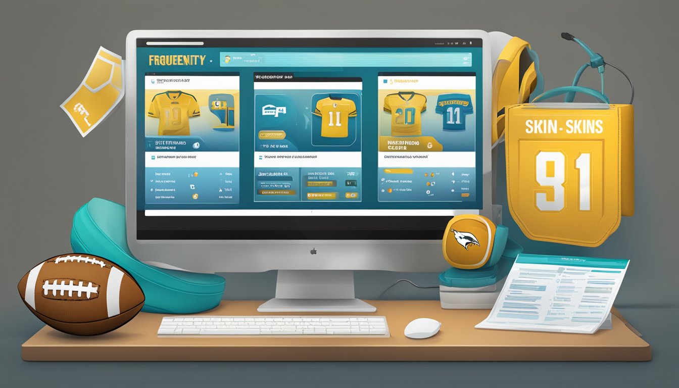 A computer screen with "Frequently Asked Questions" and football skins available for purchase online
