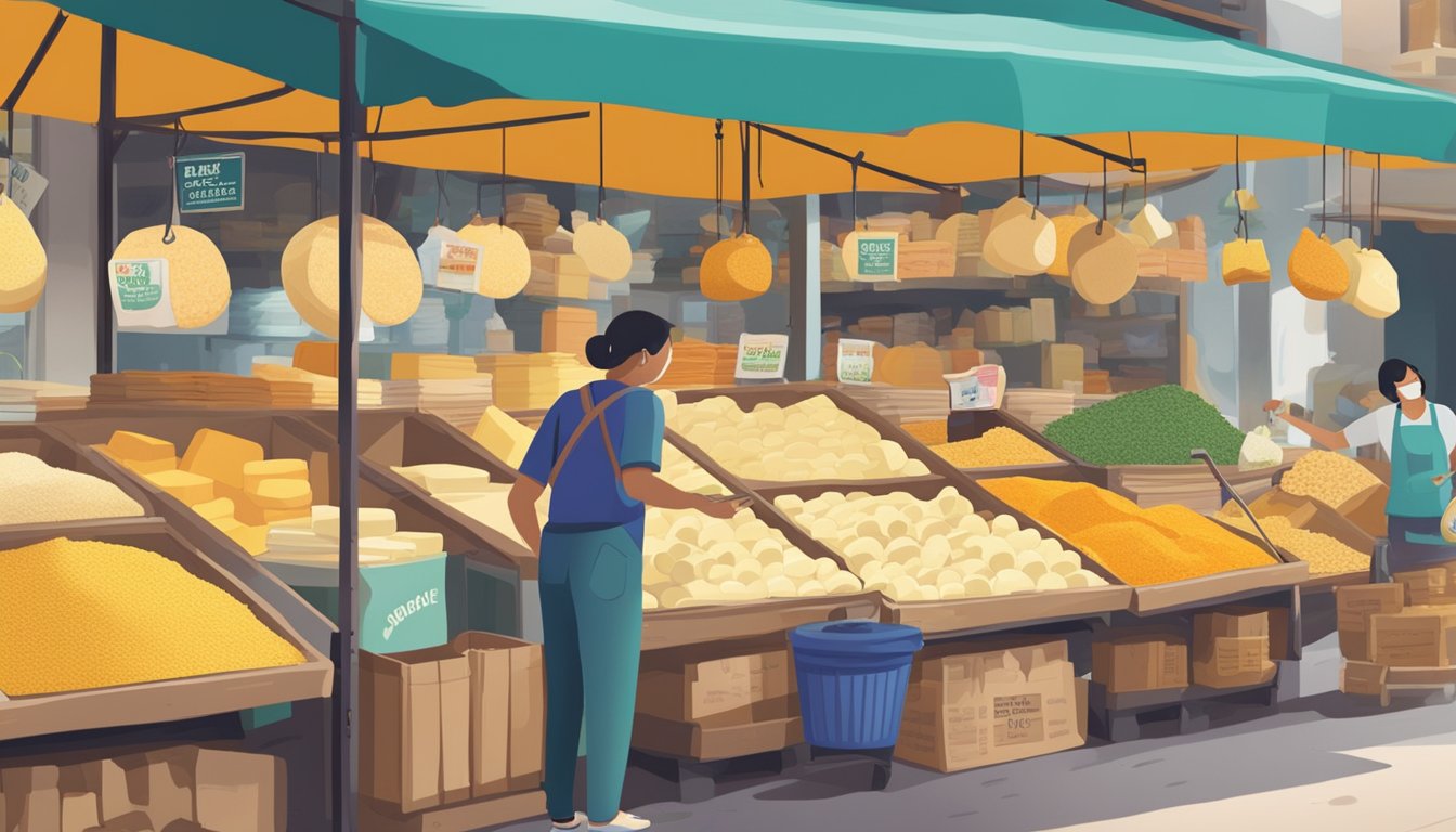 A bustling market stall displays various cheese powders in colorful packaging, with a sign indicating "Cheese Powder for Sale" in Singapore