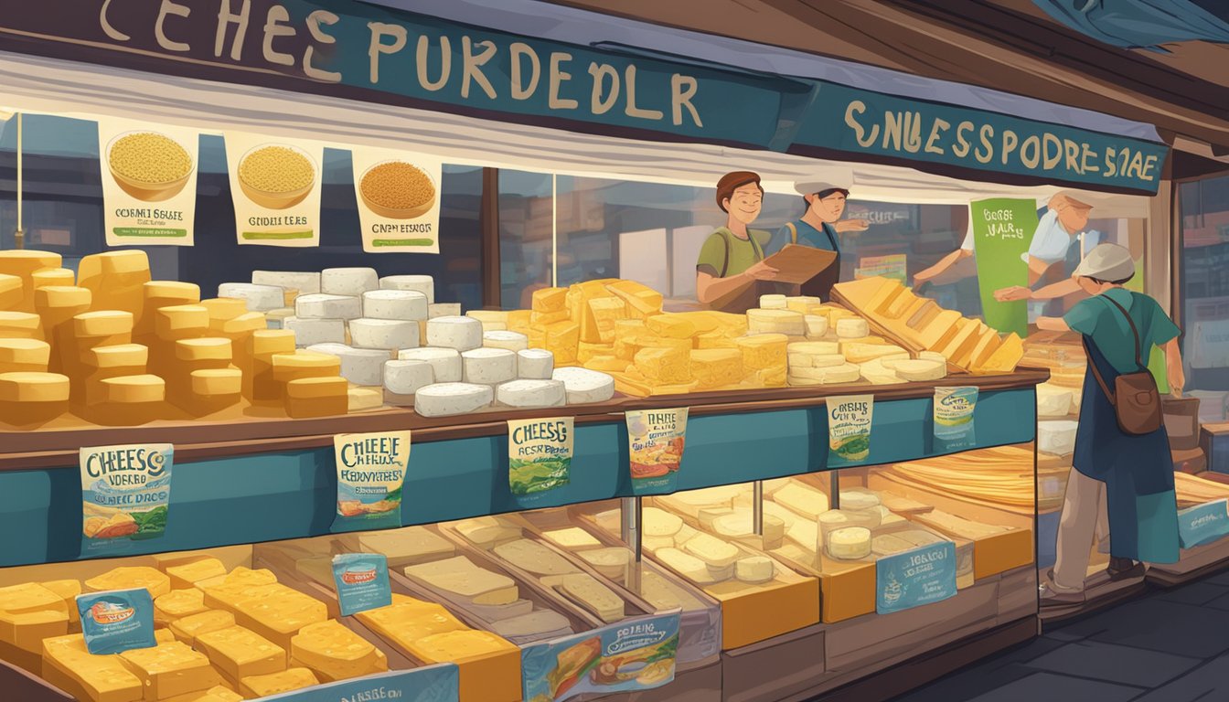 A bustling market stall displays various cheese powders in vibrant packaging, with a sign indicating "Cheese Powder for Sale" in Singapore