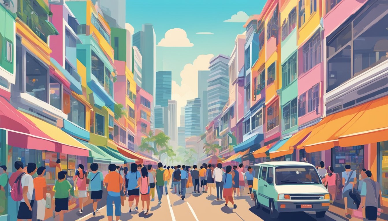 A busy Singapore street lined with colorful shops, displaying a variety of cassette players in their windows. Bright signs and bustling crowds add to the vibrant scene