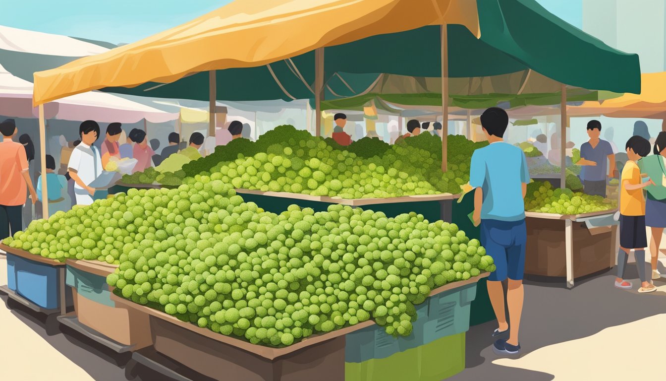 A vendor's stall at a bustling Singapore market, piled high with clusters of sea grapes, glistening in the sunlight