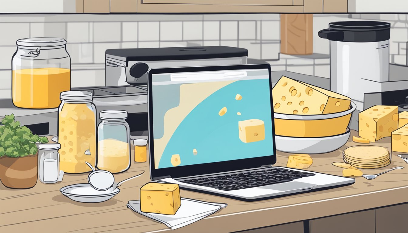 A kitchen counter with various containers of cheese powder, a mixing bowl, and utensils. A laptop open to a website showing where to buy cheese powder in Singapore