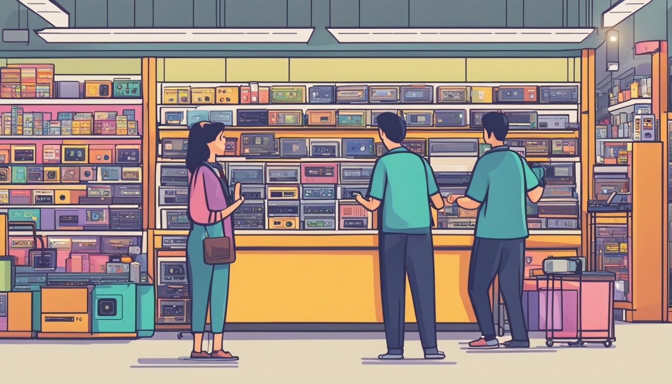 A bustling electronics store in Singapore, shelves stocked with various cassette players. Customers browsing, sales staff assisting. Bright lighting and colorful displays