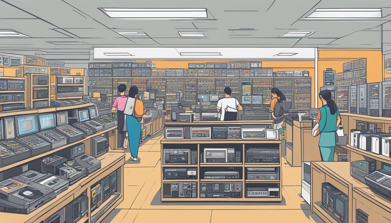 A bustling electronics store in Singapore, with shelves stocked with various cassette players. Customers browse and ask staff for assistance