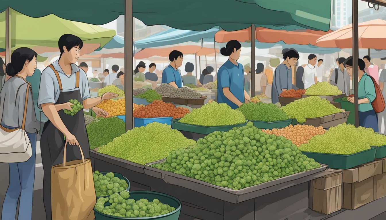 A bustling Singapore market stall displays fresh sea grapes, with vendors offering samples to curious customers
