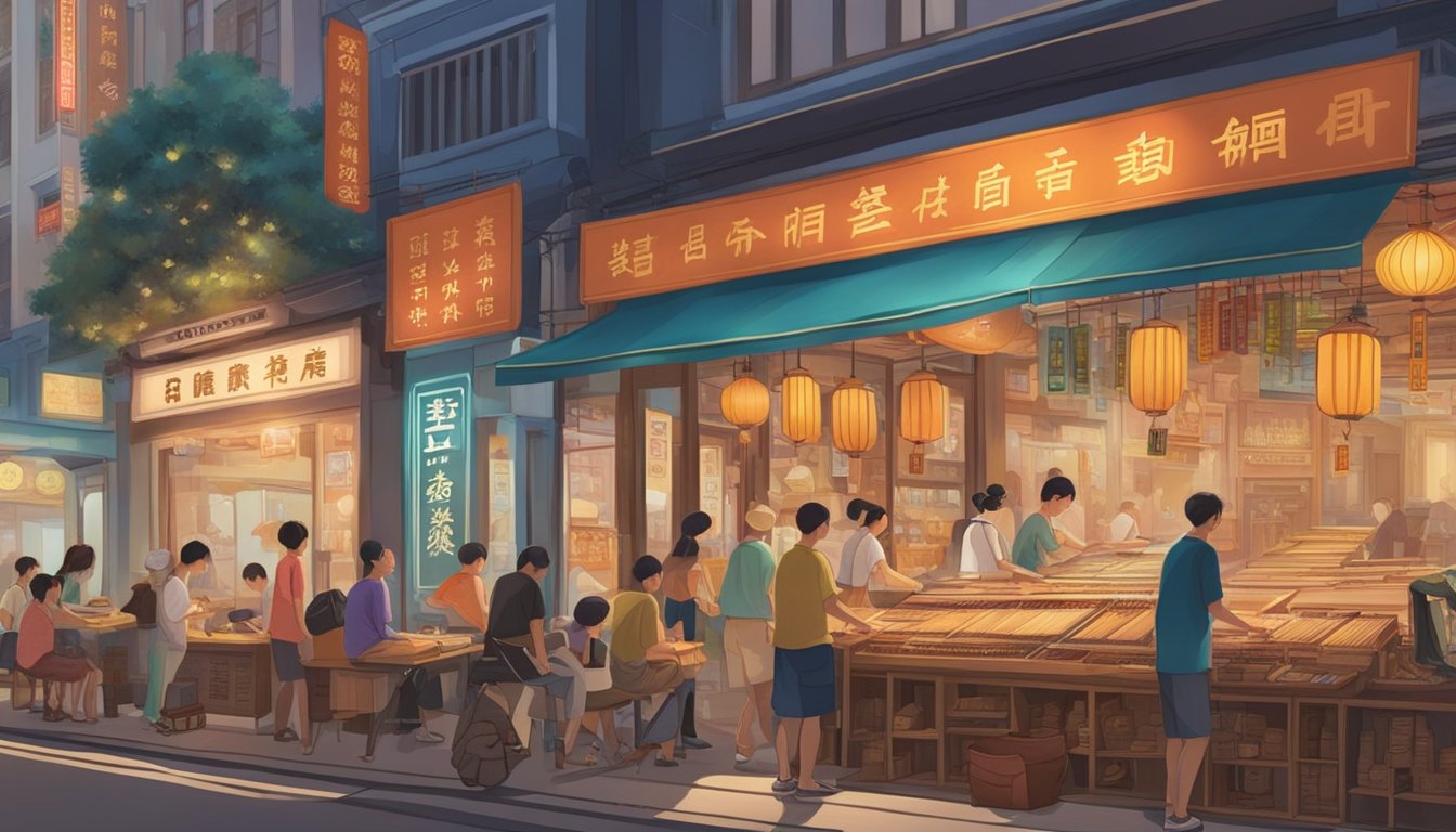 A bustling street in Singapore, with colorful storefronts displaying traditional Chinese instruments. A sign reads "Guzheng Store" in bold characters, drawing in passersby with its inviting glow