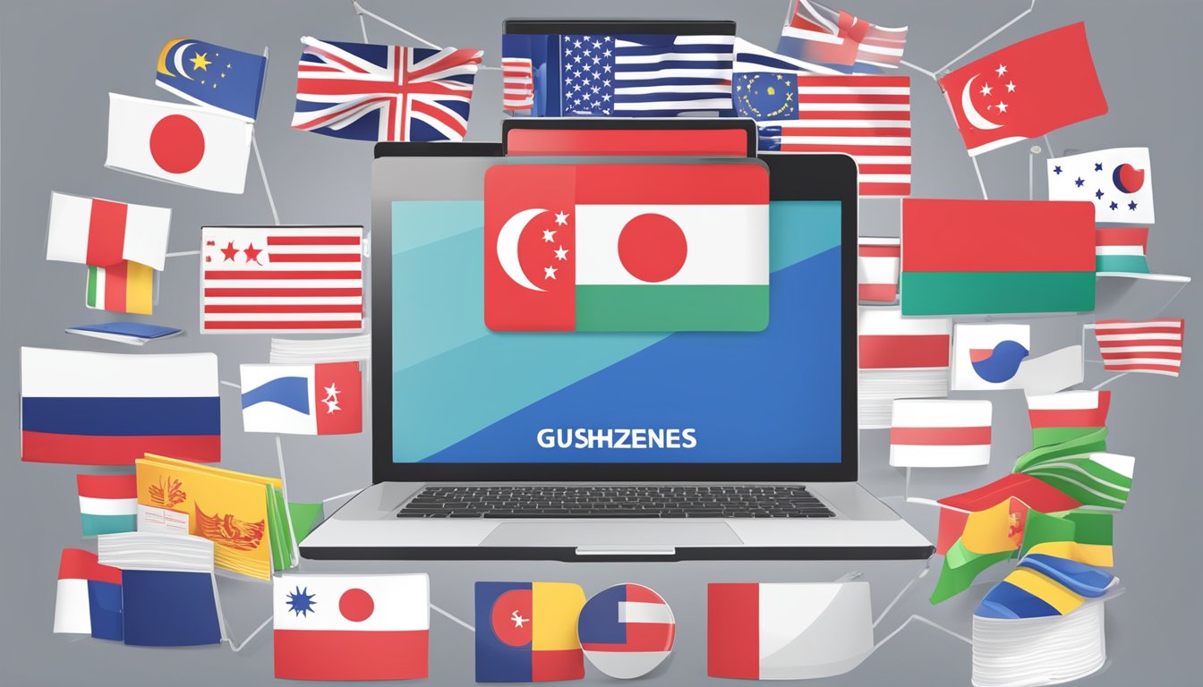 A laptop displaying a variety of Guzhengs available for purchase, with a Singaporean flag in the background