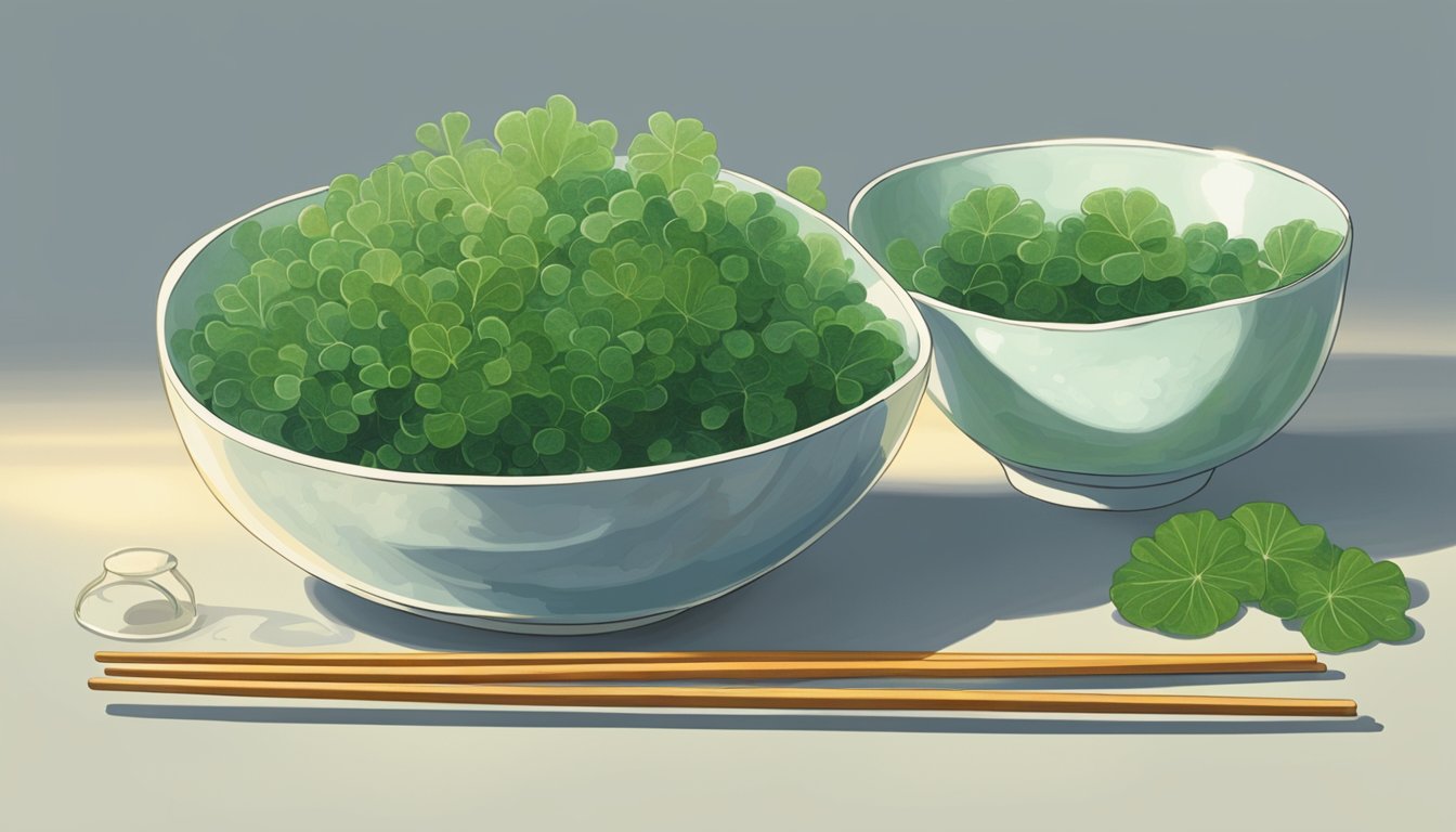 A pair of chopsticks delicately plucks sea grapes from a bowl, ready to be enjoyed. The translucent green seaweed glistens under the soft light, creating a serene and appetizing scene