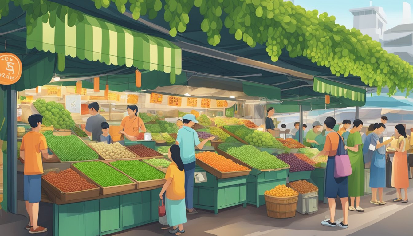 A bustling market stall with vibrant signage displaying "Sea Grapes - Singapore's Finest" surrounded by eager customers and a friendly vendor