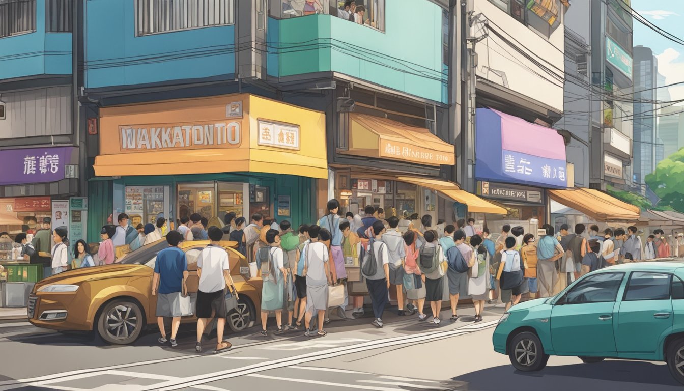 A bustling street in Singapore, with vibrant signs and bustling crowds, showcasing the exterior of a store called "Wakamoto."