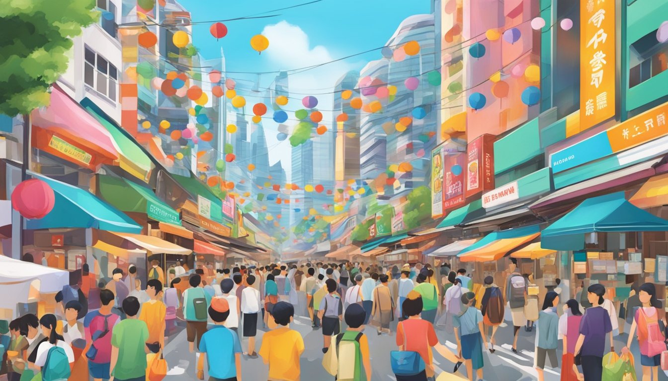 A bustling street in Singapore, with colorful signs and bustling crowds, leading to a vibrant market where Wakamoto products are prominently displayed