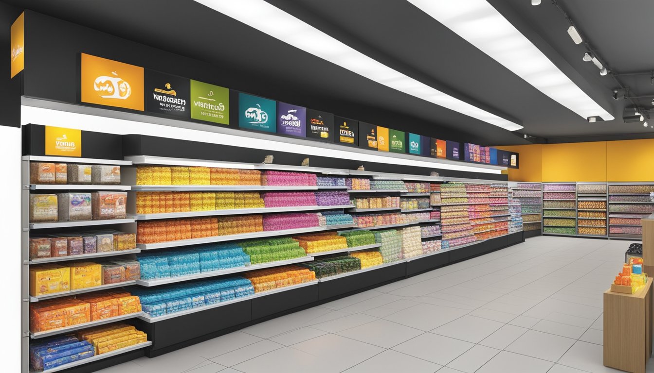 A vibrant display of Wakamoto products fills the shelves at a specialty store in Singapore. Bright packaging and bold logos catch the eye, while a helpful guide highlights key products for enthusiasts
