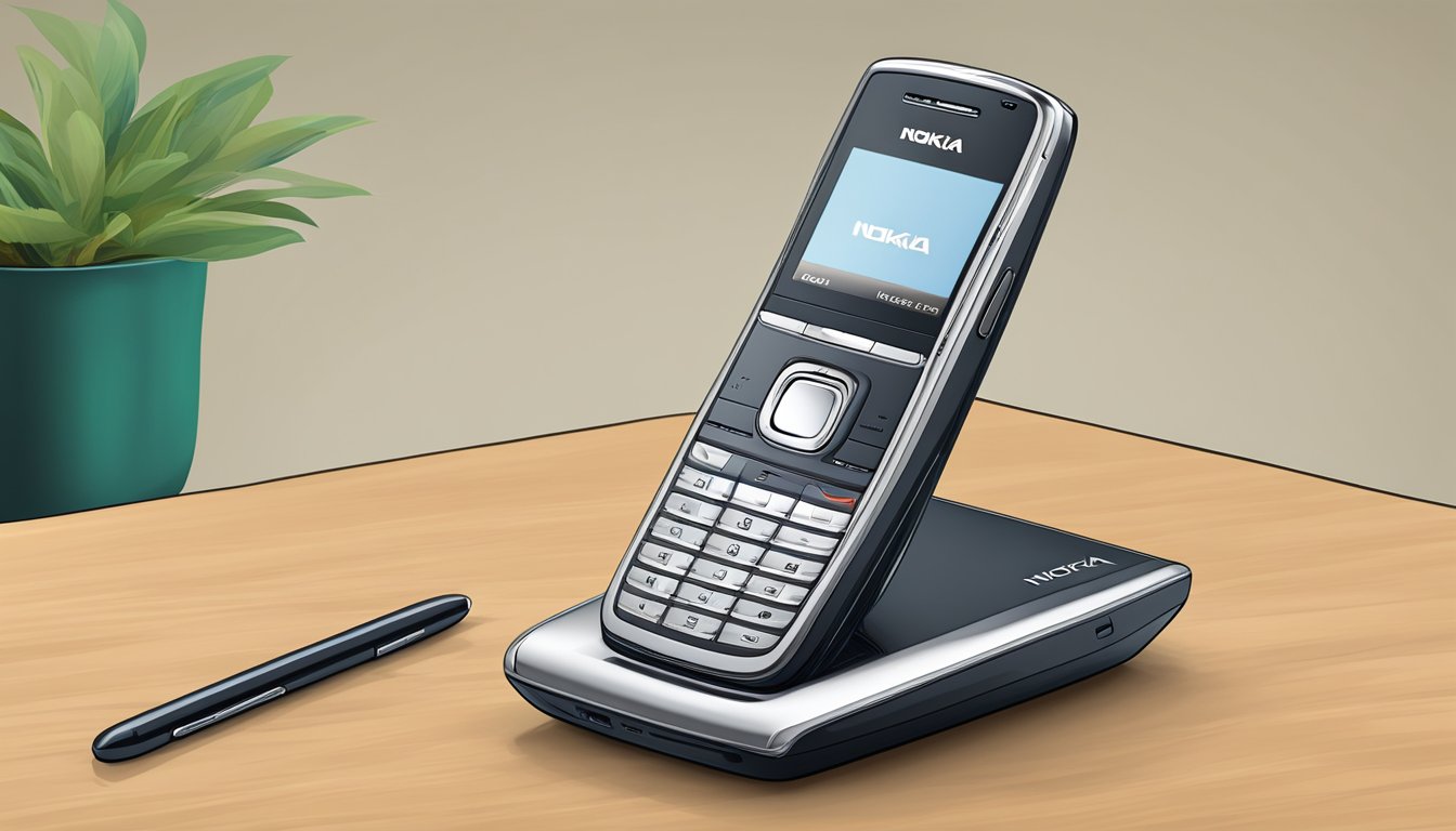 A sleek Nokia E51 rests on a clean, modern desk with a vibrant computer screen in the background