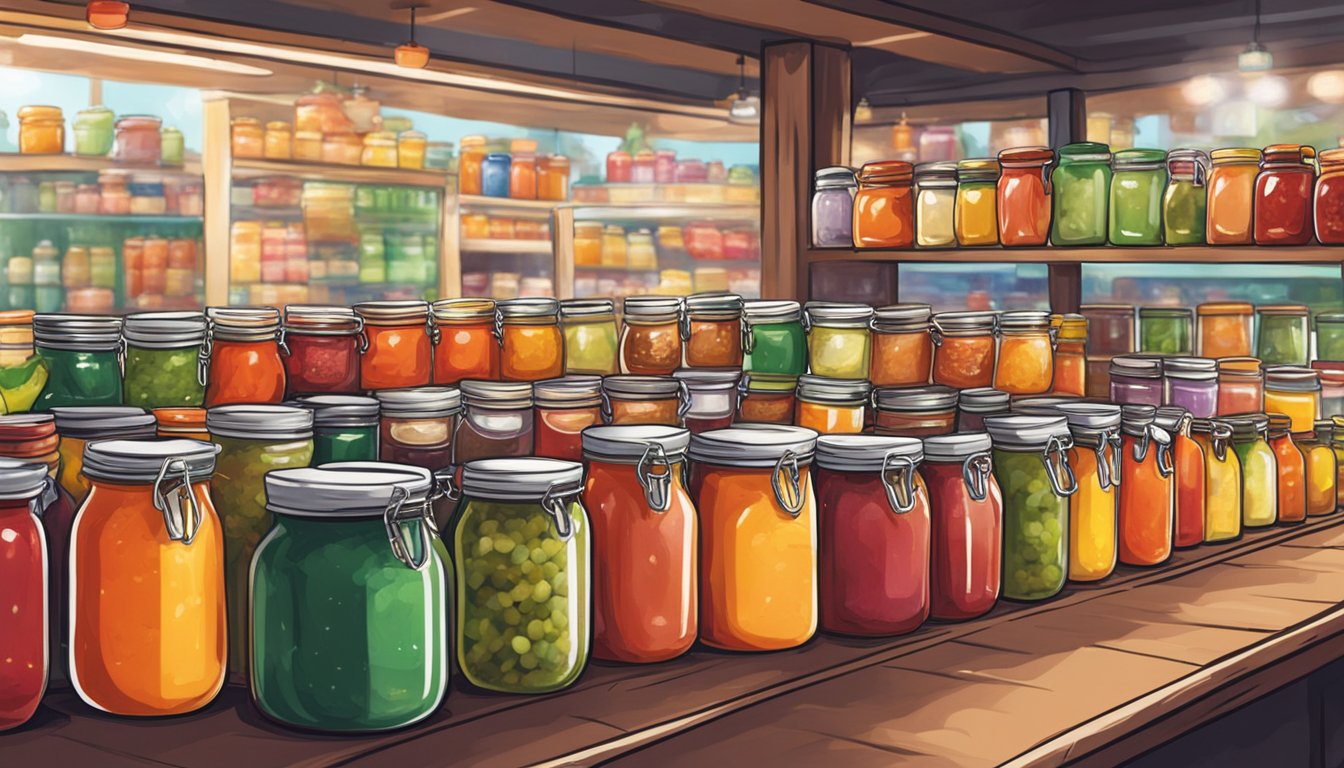 A bustling market stall displays various salsa sauces in colorful jars in Singapore. Brightly lit with a diverse range of options
