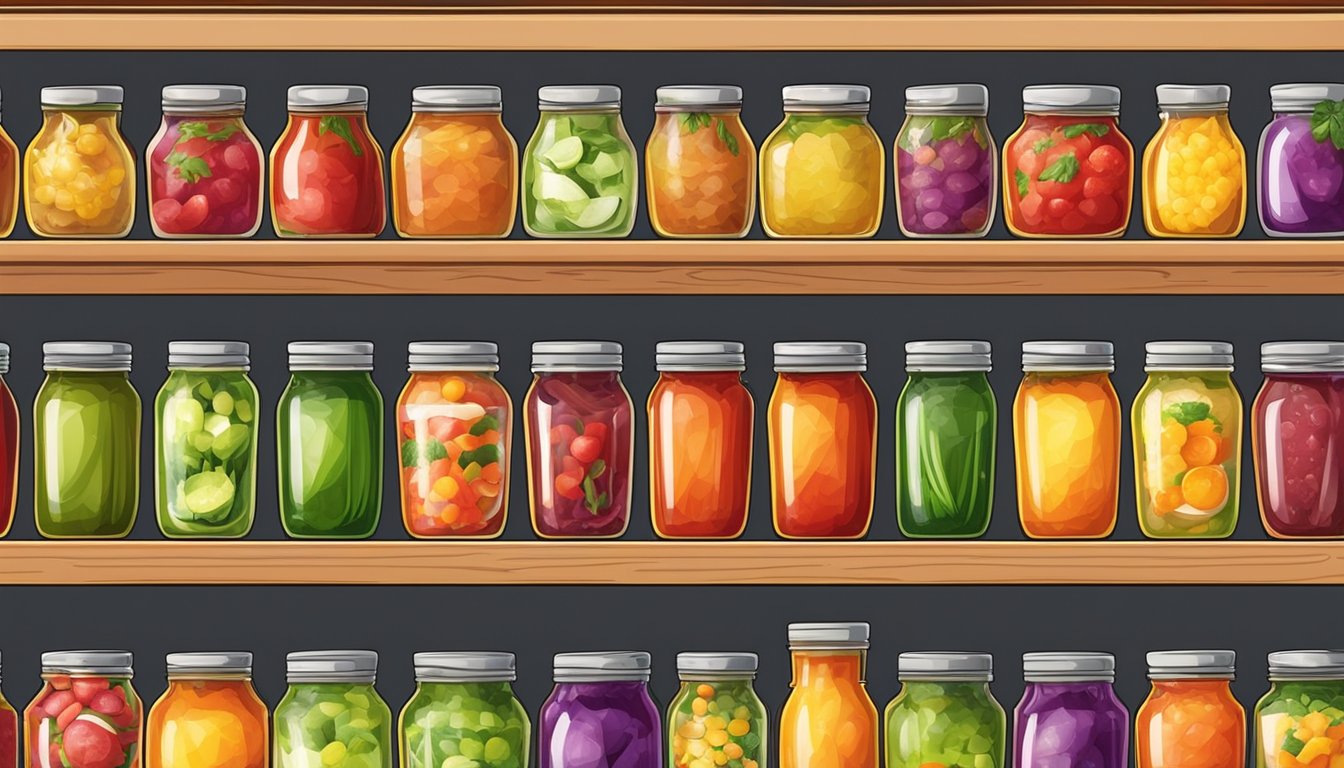 A colorful display of salsa jars on shelves in a grocery store in Singapore. Bright labels and various flavors catch the eye