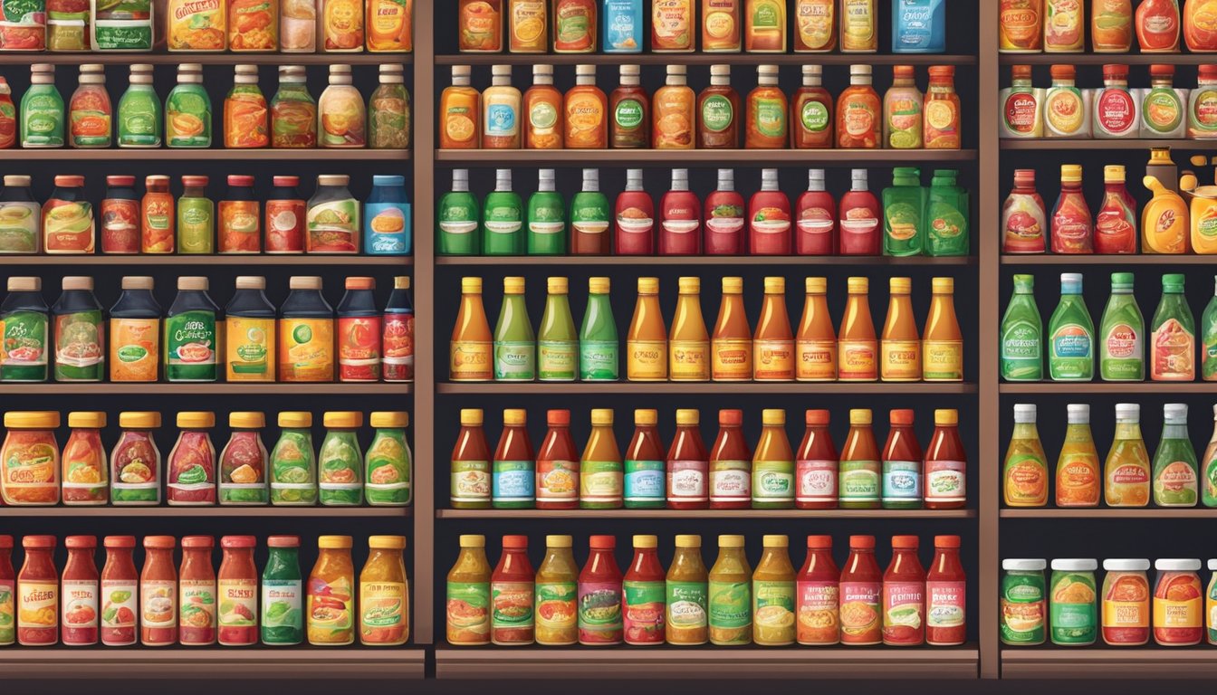 A display of various salsa sauces on shelves with bright labels in a grocery store in Singapore