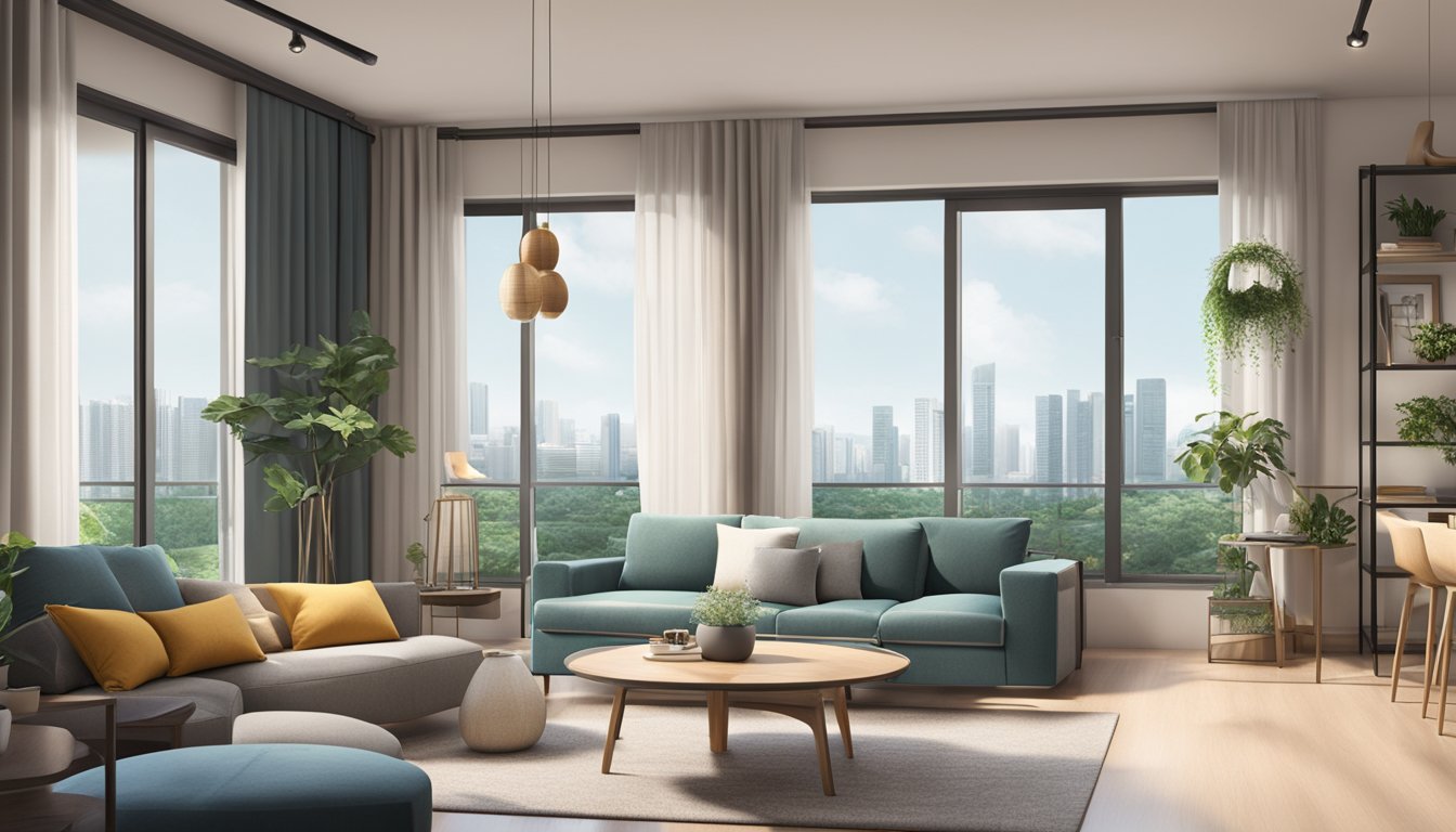 A cozy living room with a view of a modern HDB apartment in Singapore, featuring a comfortable sofa, a sleek dining table, and large windows letting in natural light