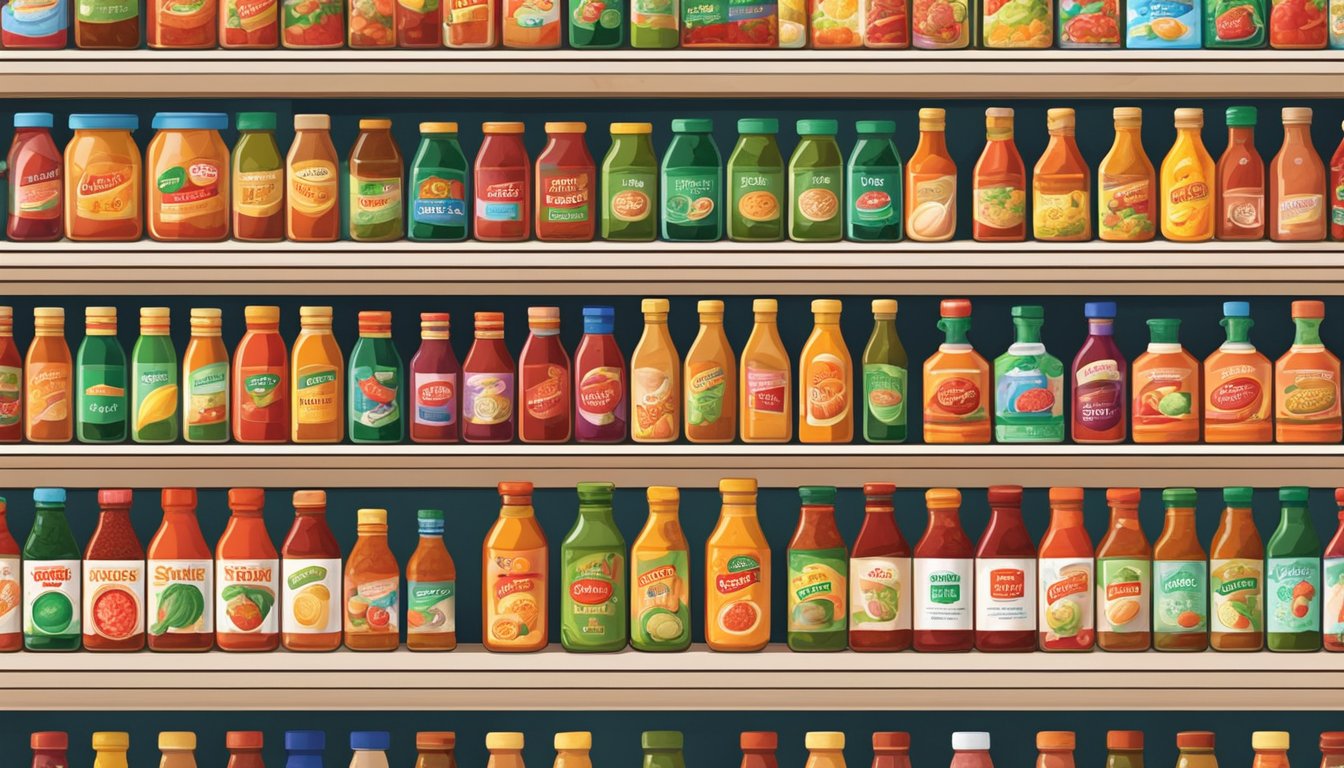 A grocery store shelf filled with various brands of salsa sauce in Singapore. Brightly colored bottles and jars are neatly arranged with price tags
