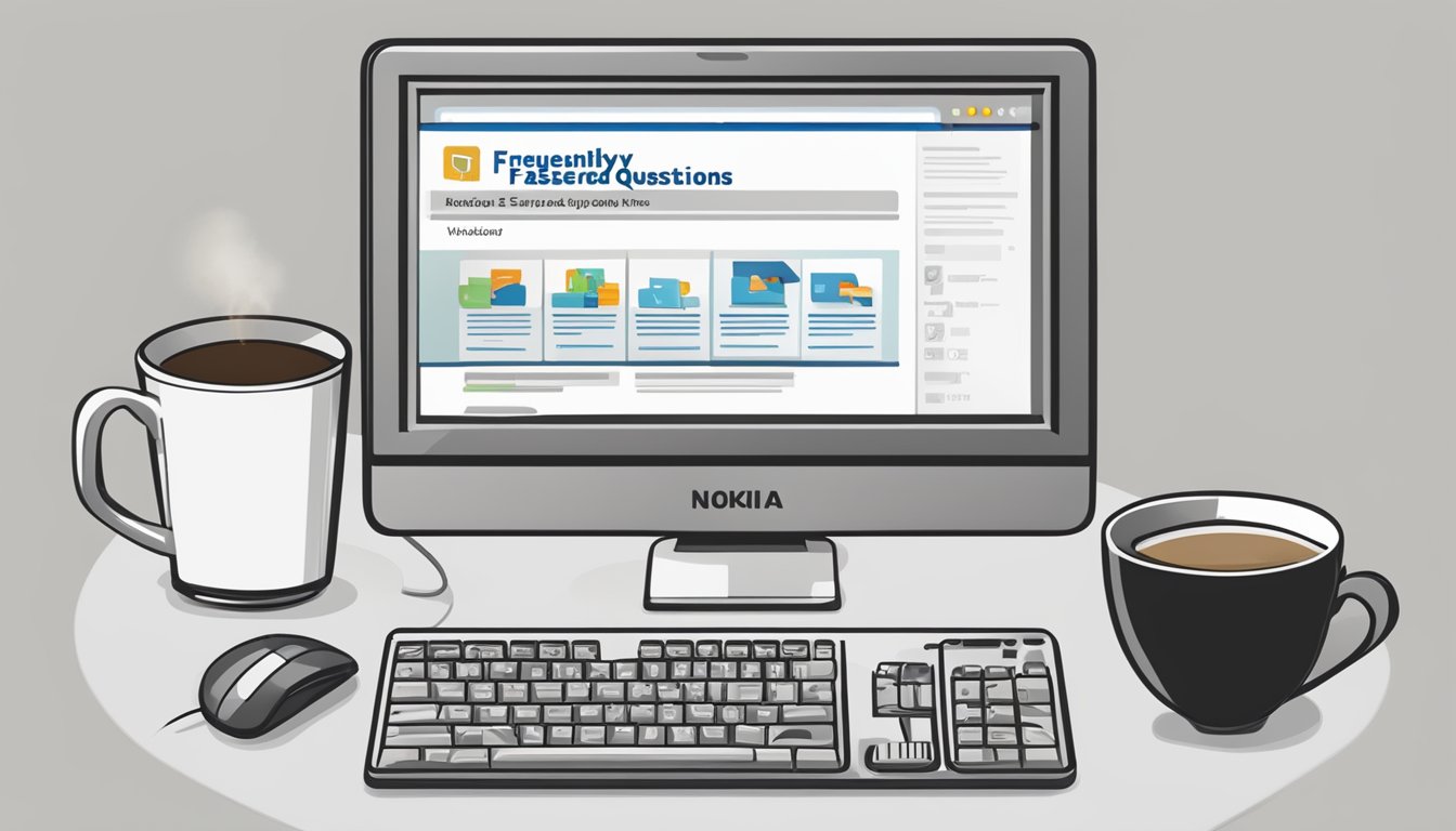 A computer screen displaying a webpage with the title "Frequently Asked Questions nokia e51 buy online" surrounded by a keyboard, mouse, and a cup of coffee