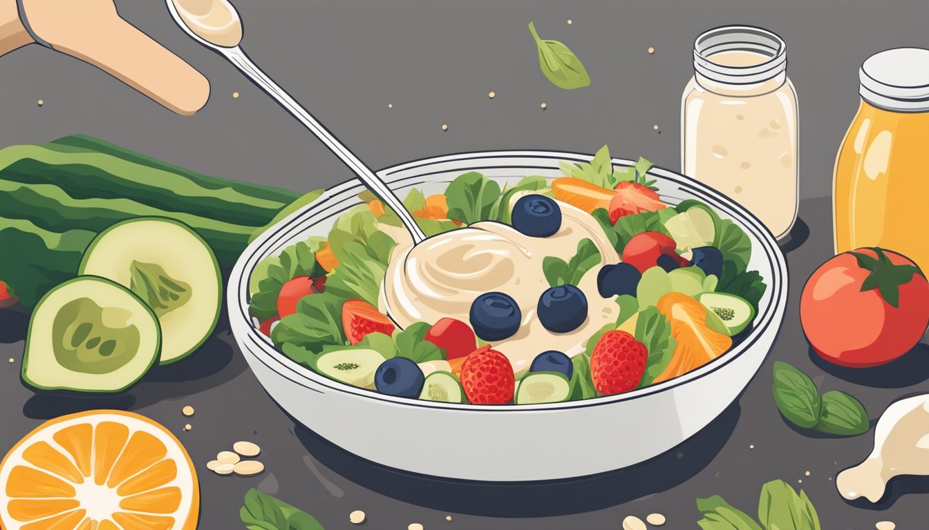 A jar of tahini sits on a kitchen counter next to a variety of fresh fruits, vegetables, and grains. A spoonful of tahini is being drizzled over a colorful salad