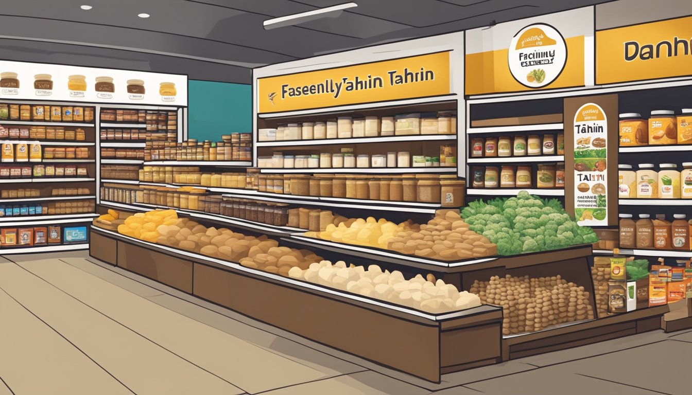 A display of various tahini brands and products on shelves in a grocery store, with a sign indicating "Frequently Asked Questions: Tahini Singapore - Where to Buy."