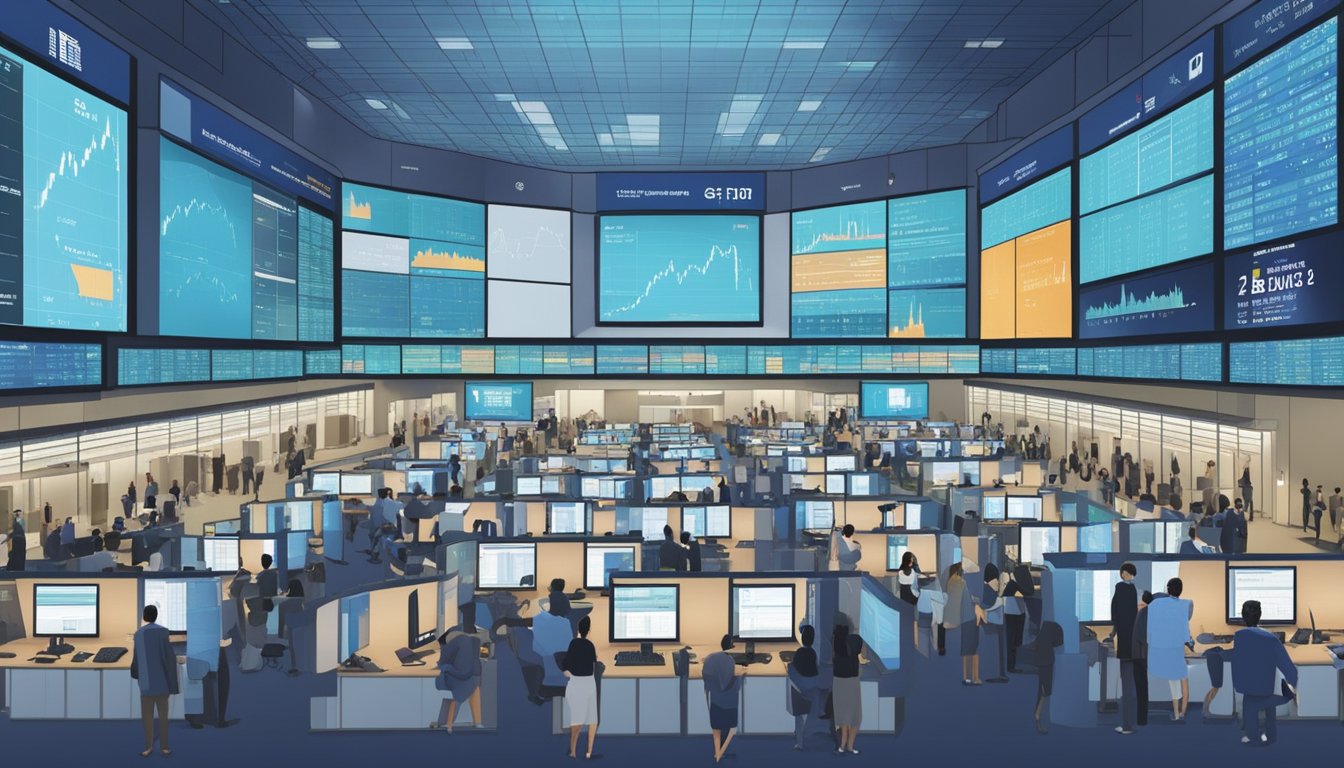 A bustling Singapore stock exchange floor, with traders buying blue chip stocks. Screens display stock prices and investors converse animatedly