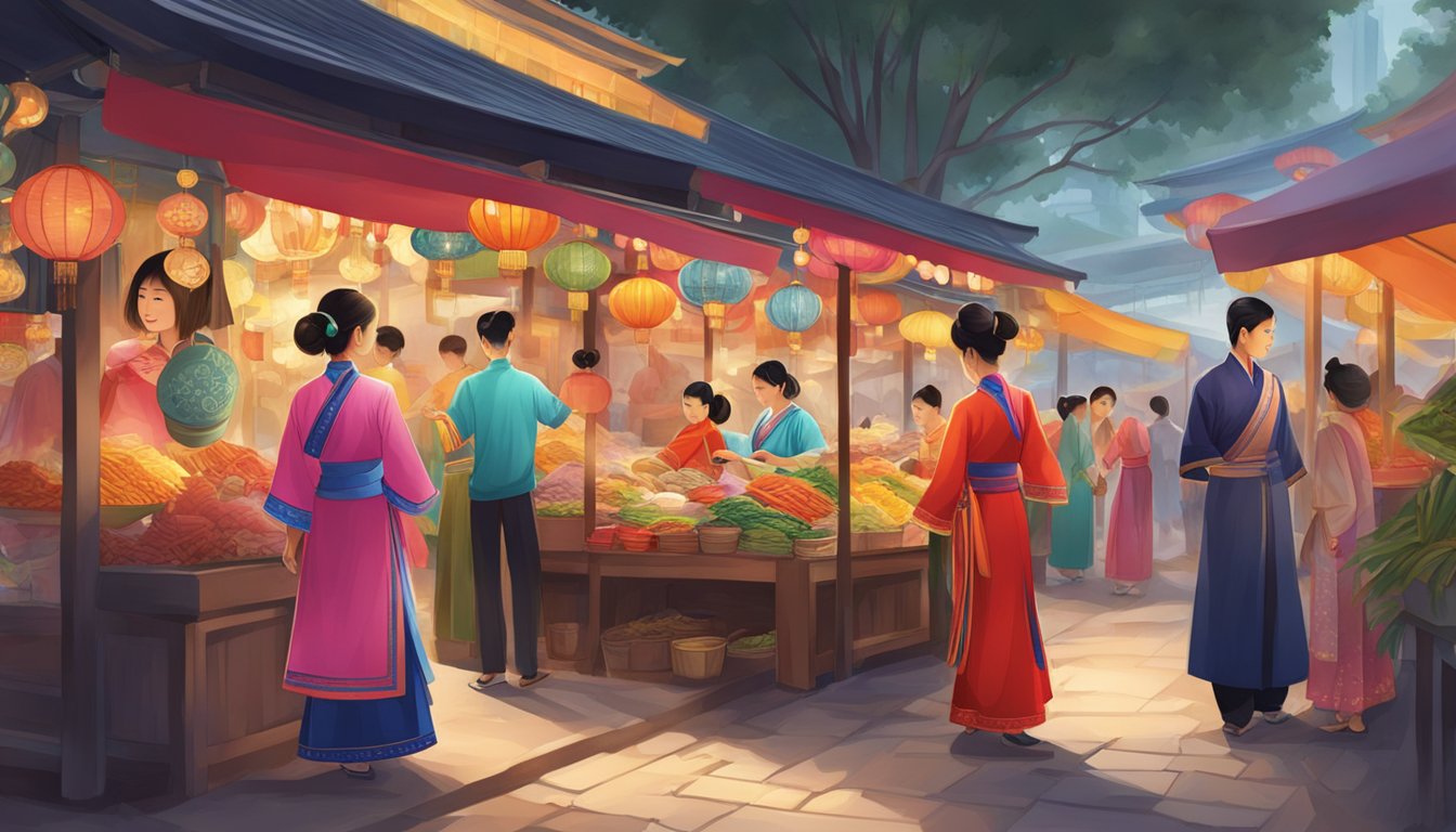 A bustling market stall displays vibrant Chinese traditional costumes in Singapore