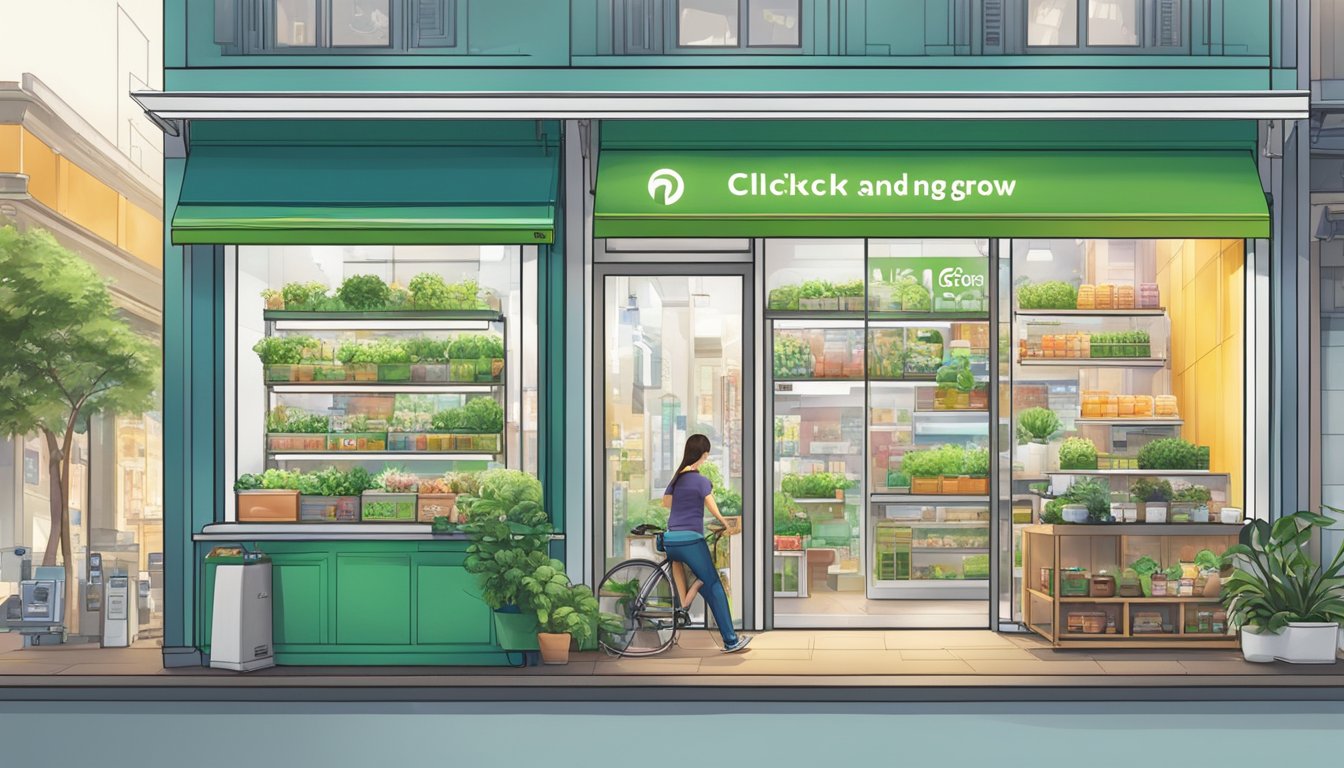 A bustling city street in Singapore with a modern, sleek storefront displaying the "Click and Grow" logo and products in the window