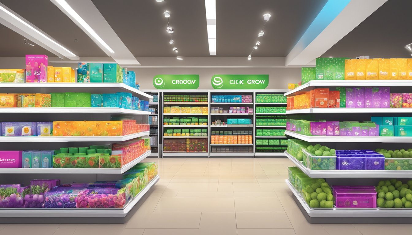 A colorful display of Click and Grow products on shelves in a modern, well-lit store in Singapore. The packaging is vibrant and eye-catching, with labels clearly indicating the availability of the product