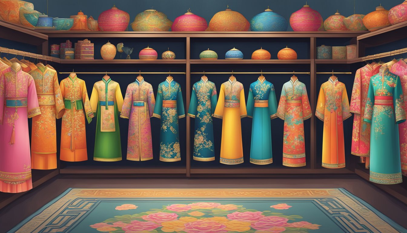 Vibrant Chinese traditional costumes displayed in a Singaporean shop, showcasing intricate designs and rich colors