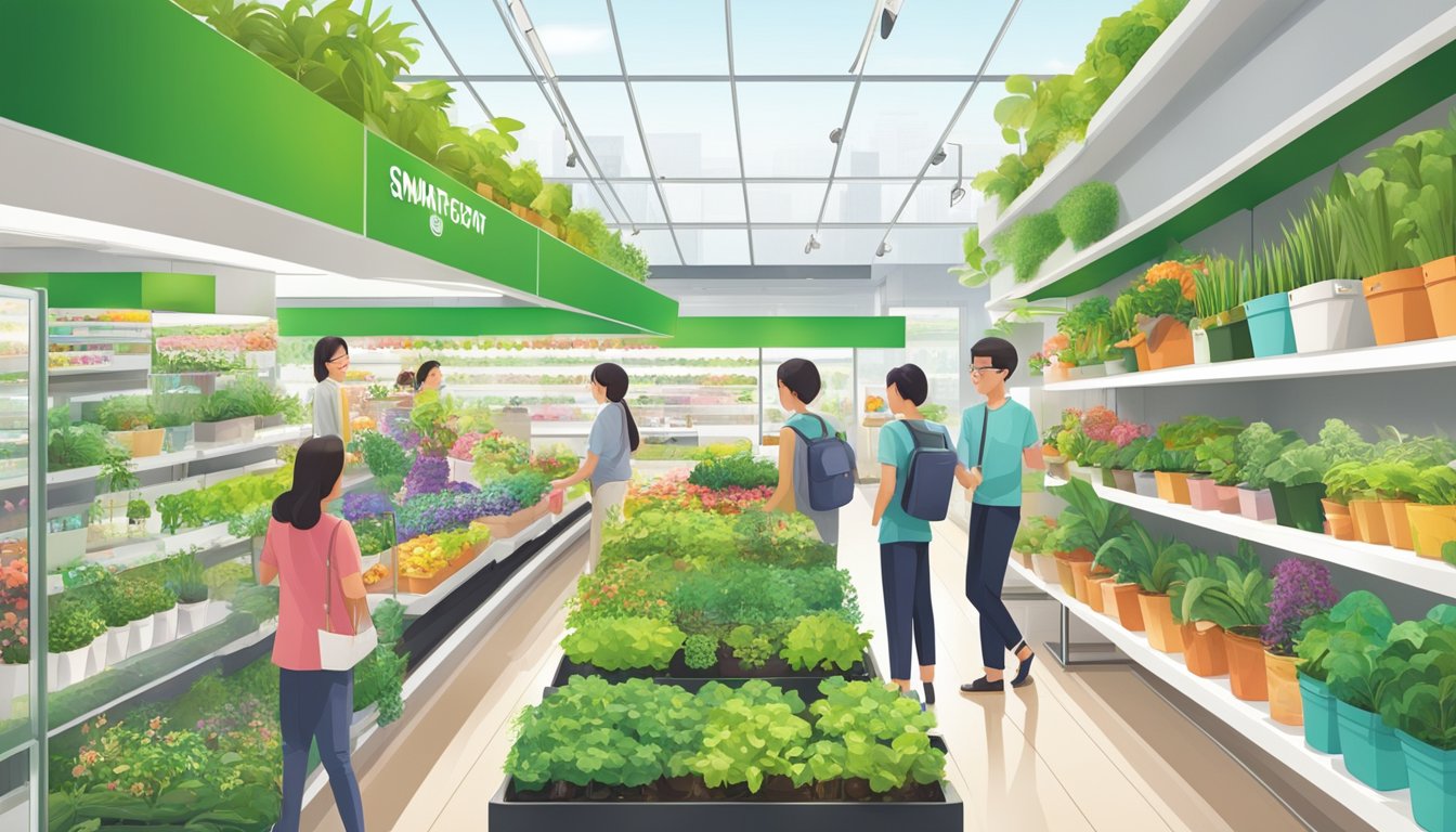 A vibrant display of Click and Grow products at a Singaporean retailer, with enthusiastic customers exploring the variety of smart garden options