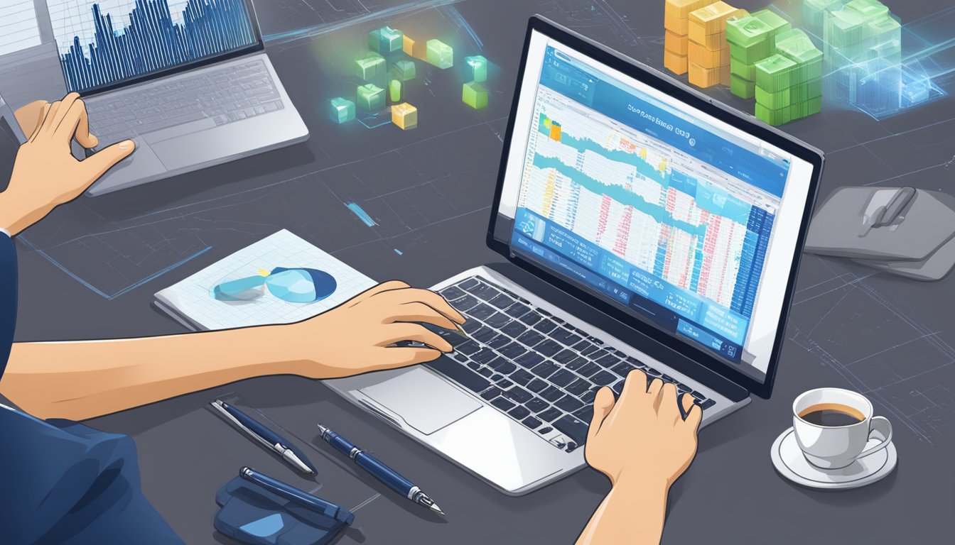 A computer screen displaying a stock trading platform with the Singapore stock exchange logo. A hand holding a pen hovers over a notebook with "blue chip investment" written on it