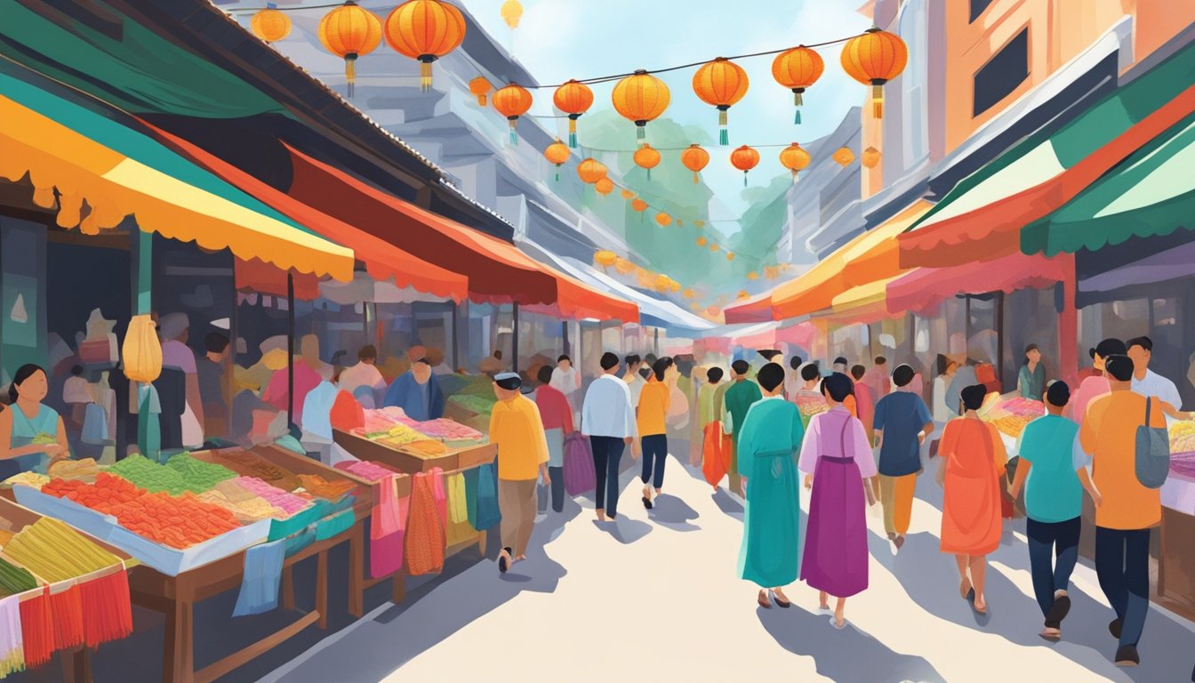 A bustling street market in Singapore, lined with vibrant stalls selling intricately embroidered Chinese traditional costumes. Bright colors and delicate fabrics catch the eye of passersby