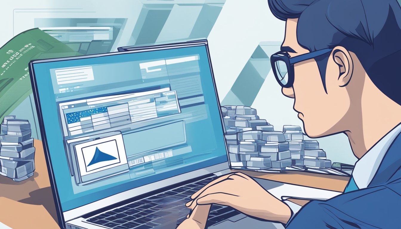 A person browsing a computer, searching "how to buy blue chips in Singapore" with a stack of blue chip stocks and a Singaporean flag in the background