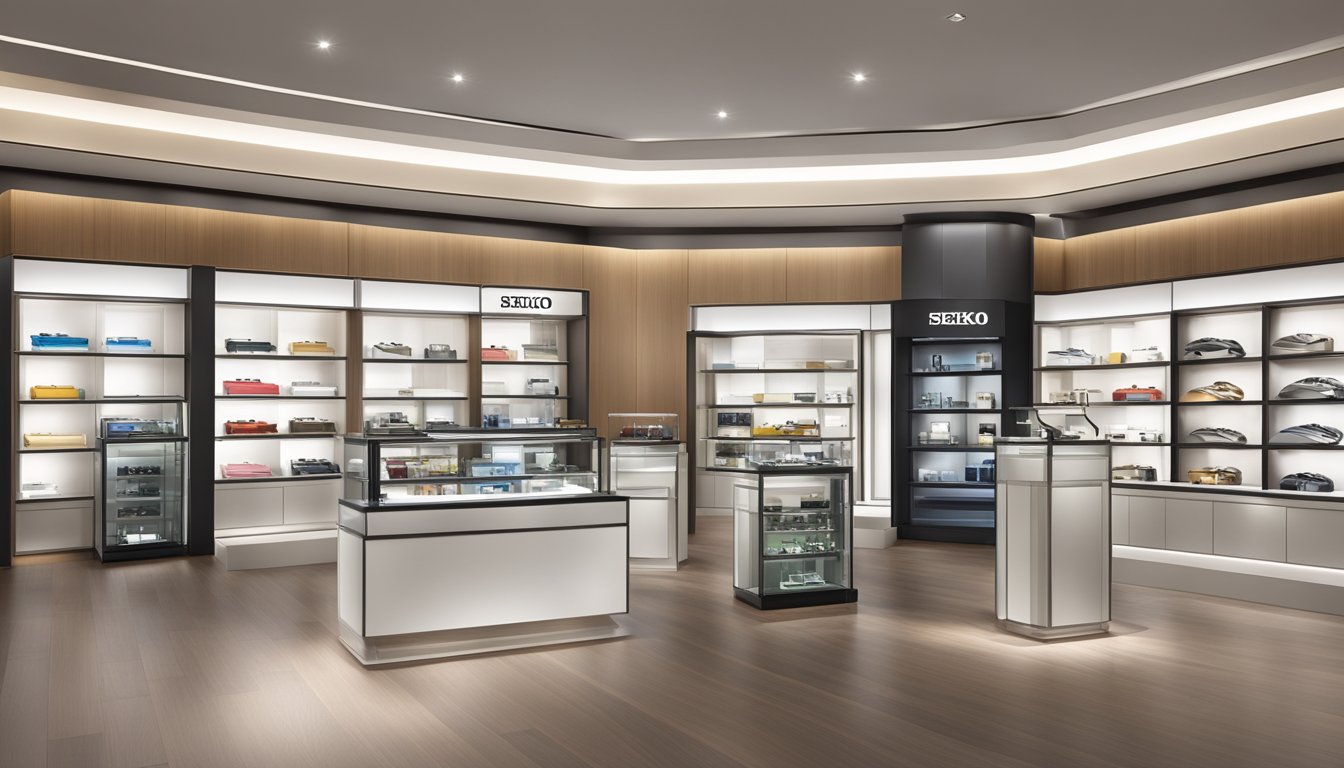 A vibrant display of Seiko's collections in a modern Singapore store, with elegant watches and sleek timepieces showcased on clean, minimalist shelves