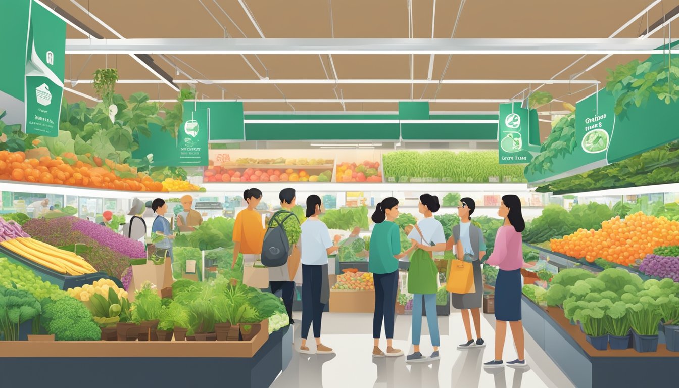 A bustling Singaporean market with a prominent Click and Grow display, surrounded by curious shoppers seeking the innovative gardening solution