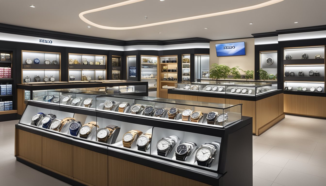 A display of Seiko watches in a Singaporean store, with various models showcased on shelves and counters. Bright lighting highlights the details of the watches, and signage indicates the brand