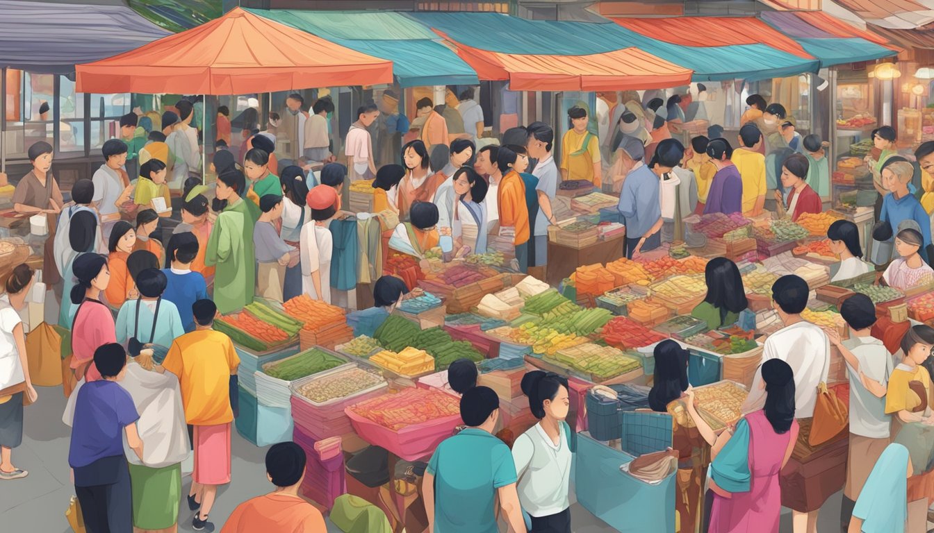 A bustling market stall in Singapore with colorful Chinese traditional costumes on display, surrounded by curious shoppers