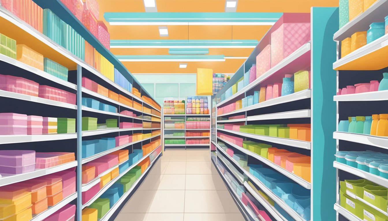 Shelves lined with colorful stationery, kitchenware, and home decor. Bright signage and neatly organized aisles in a bustling Daiso store in Singapore