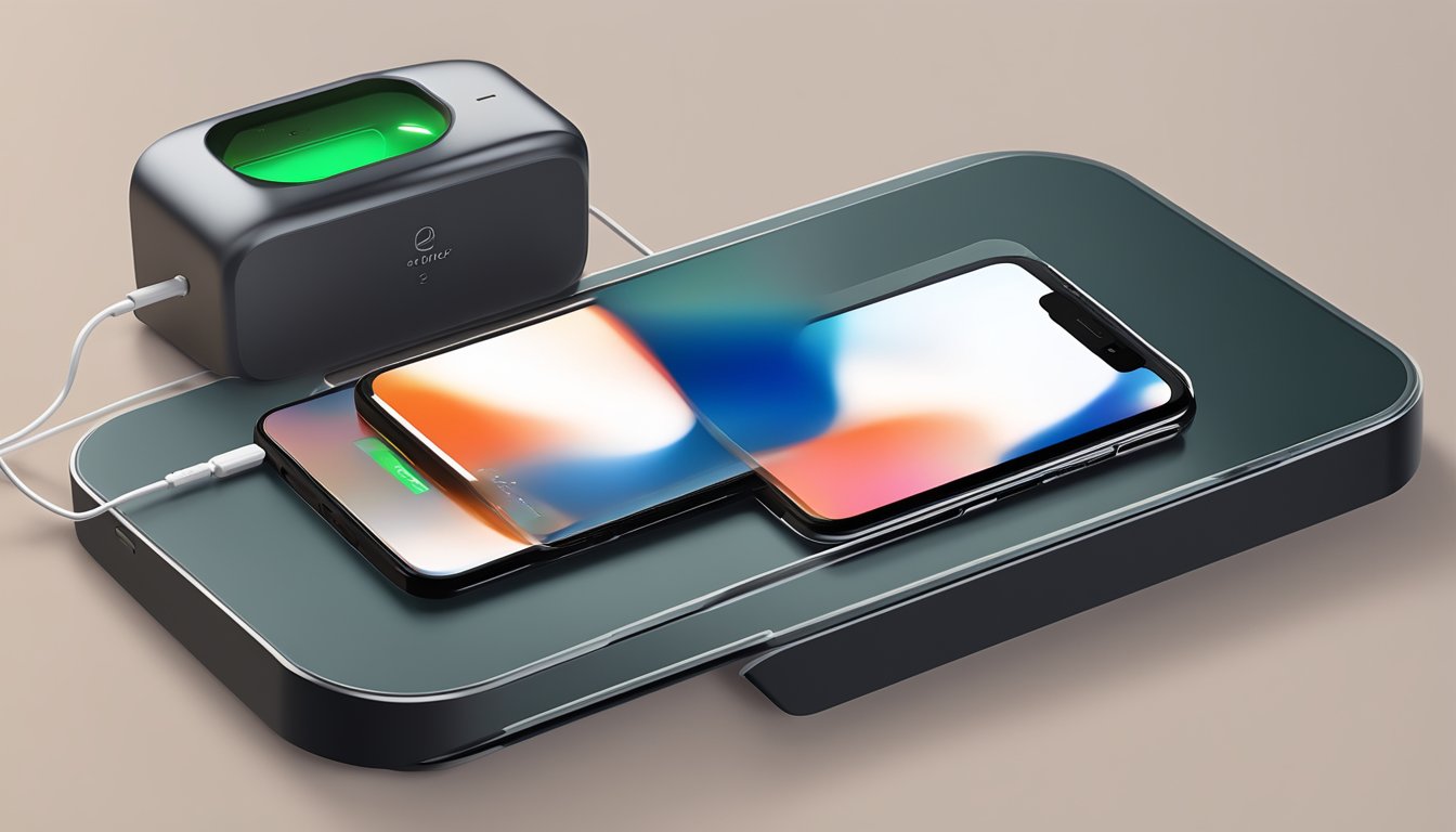 A smartphone with a Type C wireless charging receiver is placed on a sleek, modern charging pad, available for purchase at Best Buy