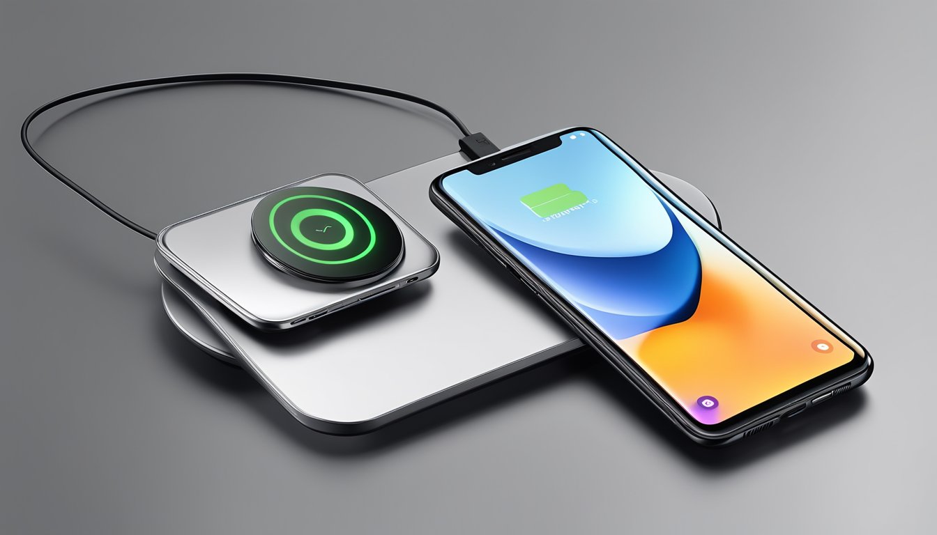 A smartphone with a Type C wireless charging receiver plugged into the charging port, placed on a sleek wireless charging pad