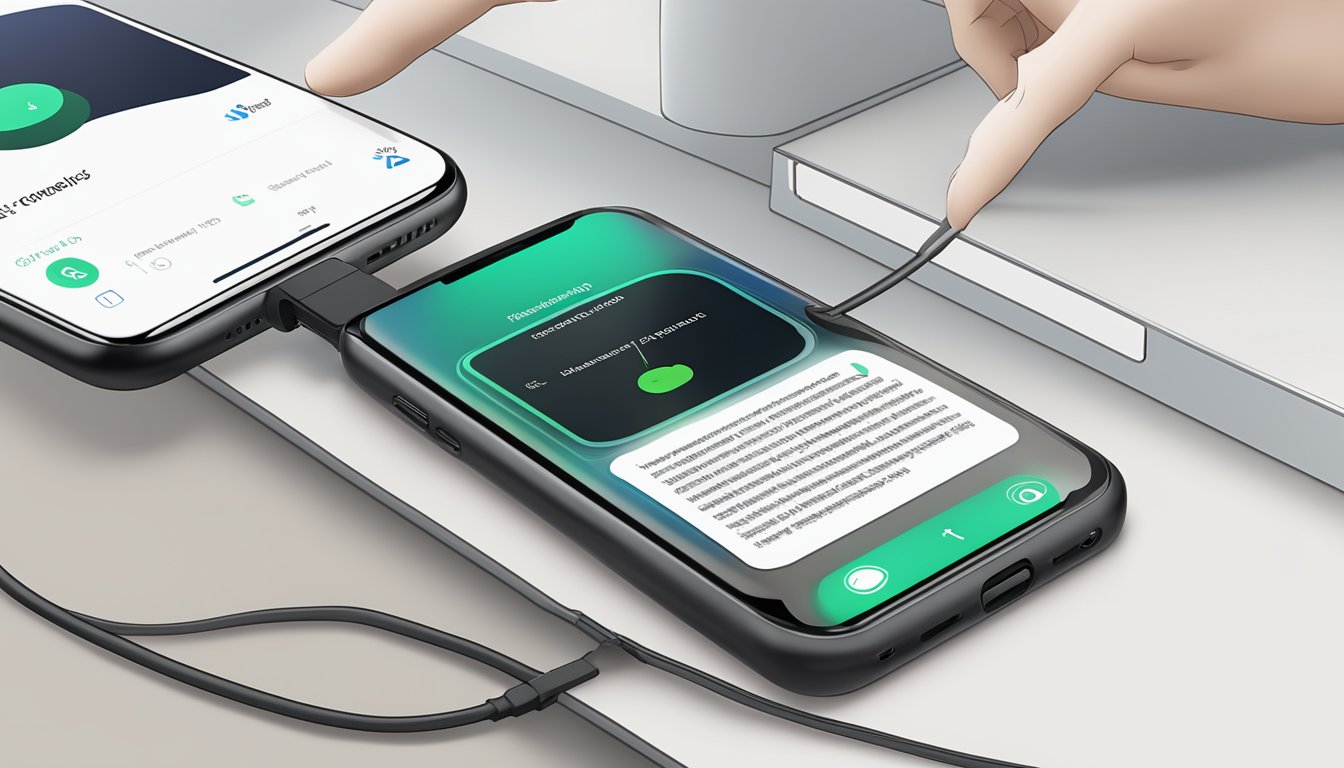 A wireless charging receiver is being inserted into a phone, with a "Frequently Asked Questions" section visible on the screen