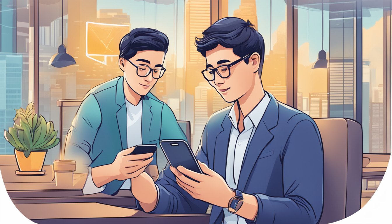 A person in Singapore uses a smartphone to access a brokerage app, searches for Vanguard funds, selects the desired fund, and completes the purchase with a few taps